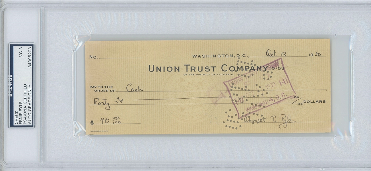 Ernie Pyle 7.75” x 3” Handwritten & Signed Check (PSA Encapsulated VG 3 Autograph Grade) 