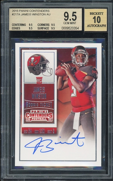 2015 Panini Contenders Jameis Winston #217A Autographed Rookie Card :: BGS Graded GEM MINT 9.5 with Autograph Grade 10!