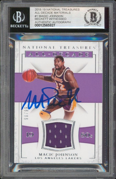 Magic Johnson Signed 2018 National Treasures Limited Edition (90/99) Jersey Swatch Card with Beckett/BAS Gem Mint 10 Autograph!
