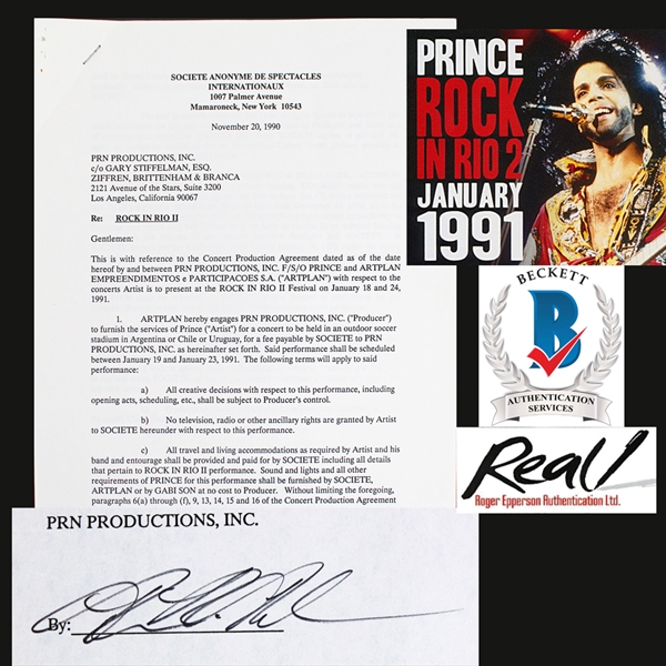 Prince Rare & Desirable Signed Contract to Perform at Rock in Rio II - One of His Most Memorable Performances! (Beckett/BAS & Epperson/REAL)