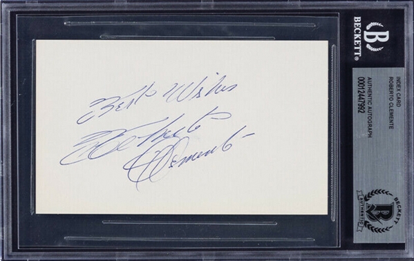 Roberto Clemente Signed 3" x 5" Index Card with Exceptionally Fine Autograph (Beckett/BAS Encapsulated)