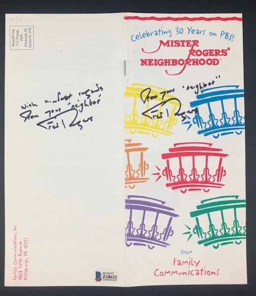 Fred Rogers of "Mr. Rogers Neighborhood" Signed Brochure Signed TWICE! On the cover and on the back w/ Inscription (Beckett/BAS)