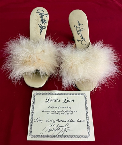  Loretta Lynn Personally Owned Ivory Satin/ Feather Stage Shoes! Both Signed! (Loretta COA)