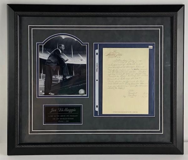 Joe DiMaggio Handwritten Diary Page Framed Display!