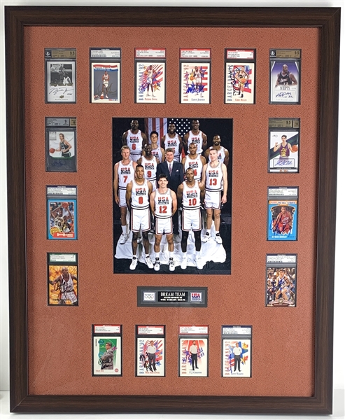 1992 USA Dream Team Signed Custom Basketball Card Display with 16 Autographs Including Jordan, Daly, Ewing, etc. (PSA/DNA, JSA & SGC)