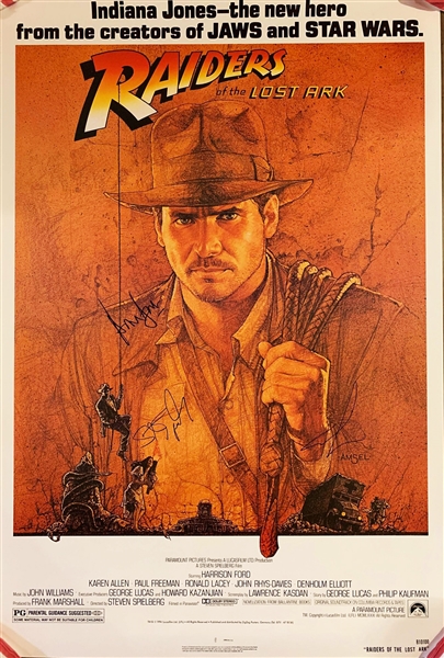 "Raiders of the Lost Ark" Full Sized 27" x 40" Movie Poster Signed by Ford, Lucas and Spielberg! (Beckett/BAS Guaranteed)