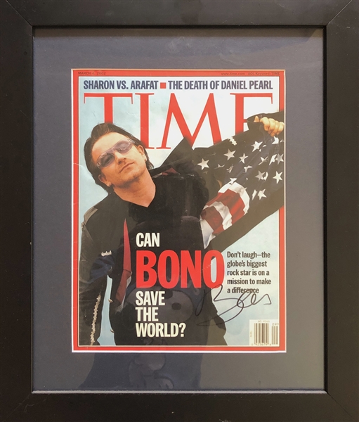 U2: Bono Signed & Framed March 2002 Time Magazine Cover (Beckett/BAS Guaranteed)