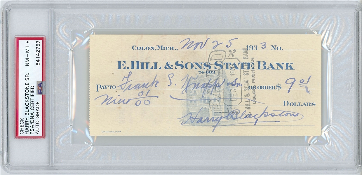 Harry Blackstone, Sr. 6” x 2.75” Handwritten & Signed Check (PSA Encapsulated NM-MT 8 Autograph Grade) 