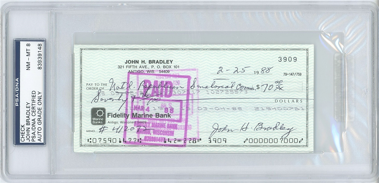 Iwo Jima: John Bradley 6” x 2.75” Handwritten & Signed Check (PSA Encapsulated NM-MT 8 Autograph Grade) 