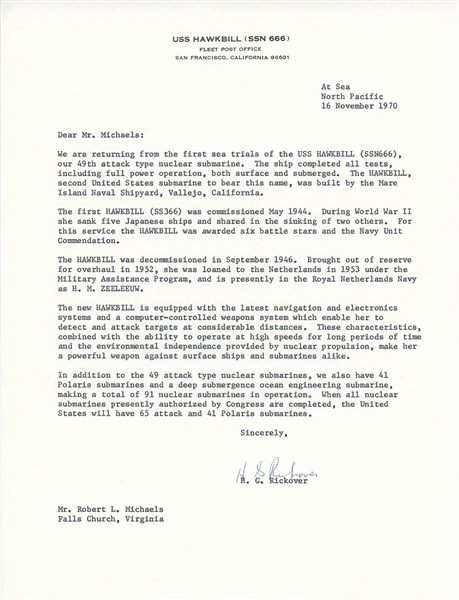 Hyman G. Rickover Typed Letter Signed Describing Capabilities of Latest US Nuclear Submarine (BAS Guaranteed)