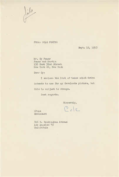 Cole Porter 1953 Typed Letter Signed (John Reznikoff/University Archives COA) (Beckett Guaranteed) 
