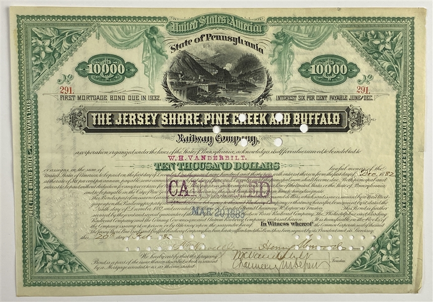 Vanderbilt Sons & Chauncey Depew Signed “Jersey Shore, Pine Creek, and Buffalo Railway Company” Bond (Originating From John Reznikoff/University Archives) 