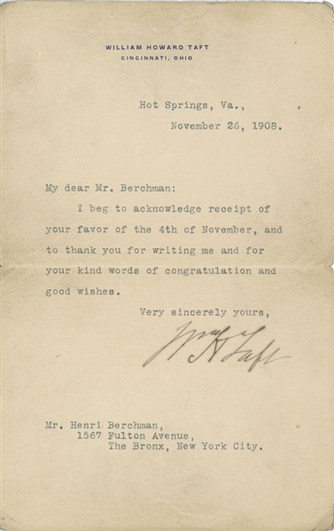 President William H. Taft Typed Letter Signed As President-Elect (Beckett/BAS Guaranteed) 