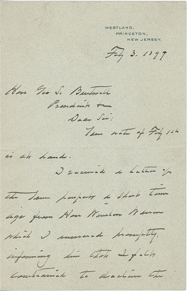 President Grover Cleveland Autograph Letter Signed (Beckett/BAS Guaranteed) 