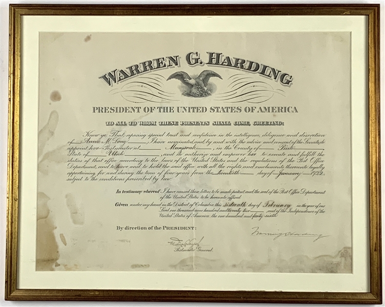 President Warren G. Harding Signed Appointment Document Framed (Beckett/BAS Guaranteed)