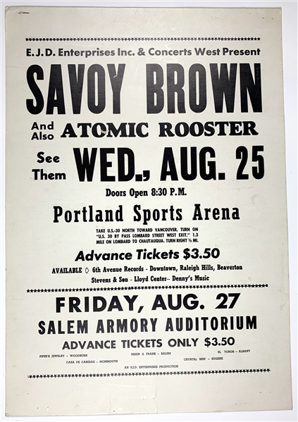 Savoy Brown Portland Sports Arena 13.5”x 19.75” Window Card Poster