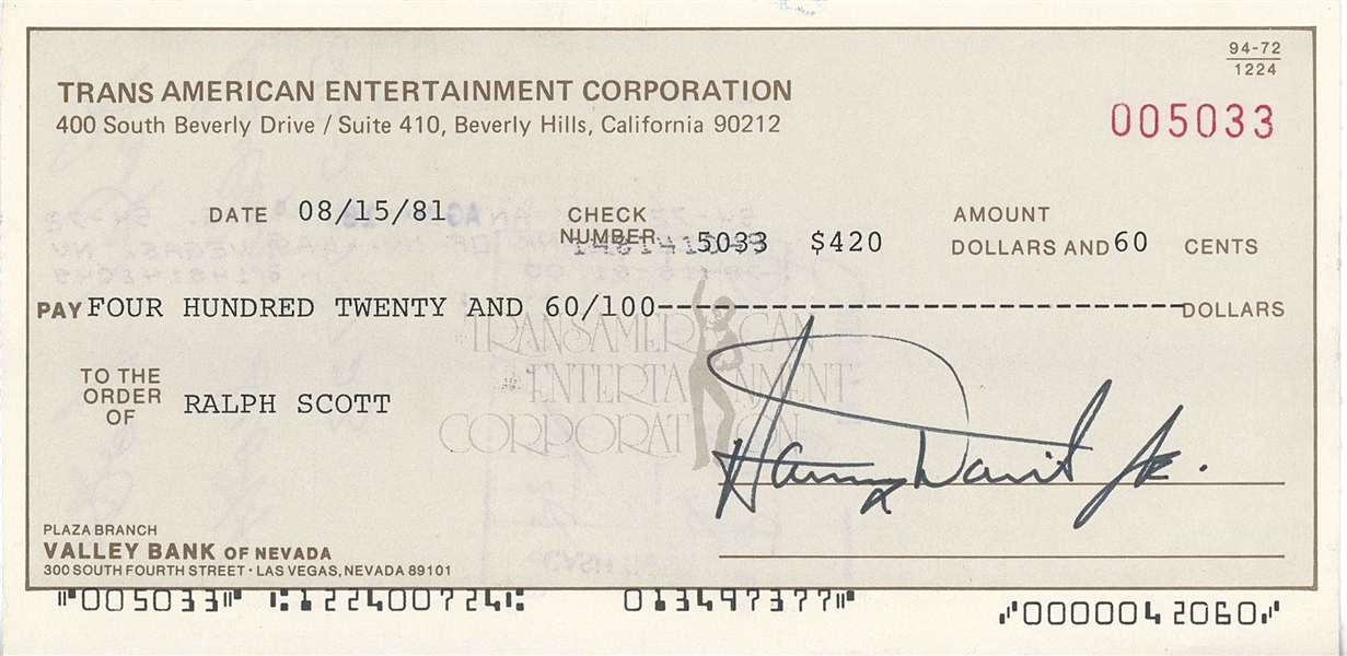 Sammy Davis, Jr. Signed Check (Beckett/BAS Guaranteed) 