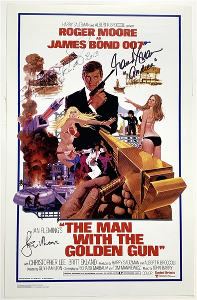James Bond: Roger Moore & Bond Girls Signed 11” x 17” “The Man With the Golden Gun” Mini Poster (3 Sigs) (Beckett/BAS Guaranteed) 