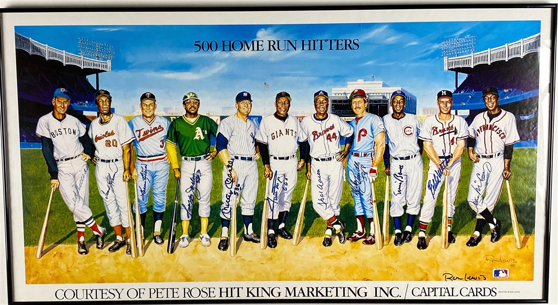 “500 Home Run Hitters” Signed Ron Lewis 37.75” x 20.5 Litho Framed (11 Sigs & Lewis) (Beckett/BAS Guaranteed) 
