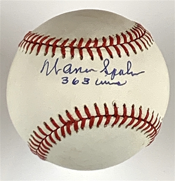 Warren Spahn “363 Wins” Notated & Signed ONL Baseball (Beckett/BAS Guaranteed)