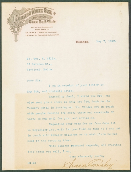 Charles Comiskey Signed 1912 Letter on White Sox Stationary (PSA/DNA & JSA)