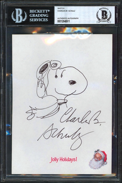 Peanuts: Charles Schulz Hand Drawn & Signed Snoopy Sketch with MINT 9 Autograph (Beckett/BAS Encapsulated)