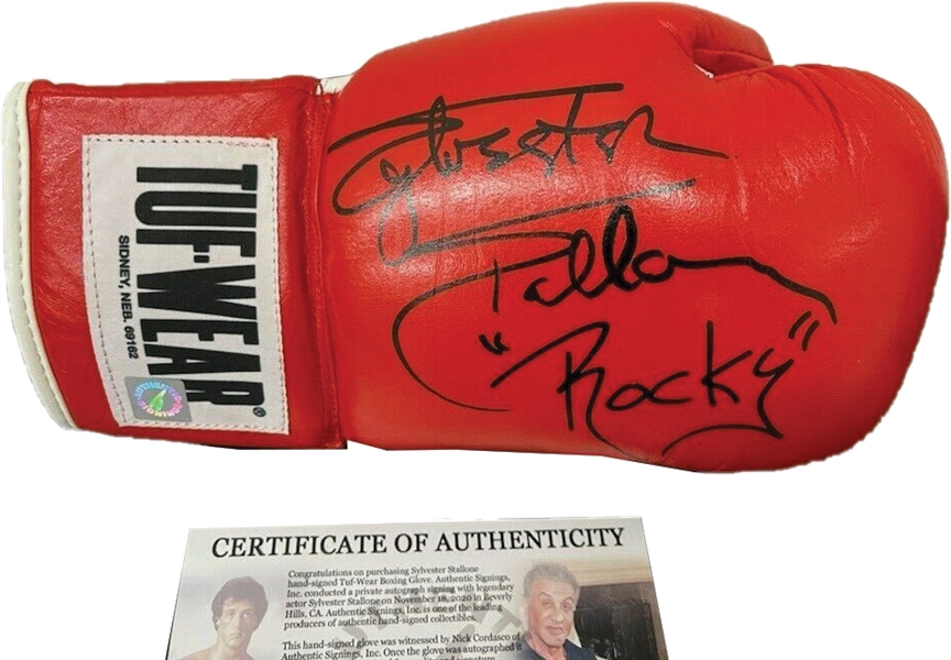 Sylvester Stallone Superb Signed Tuf-Wear Rocky IV Style Boxing Glove with "Rocky" Inscription (Beckett/BAS)