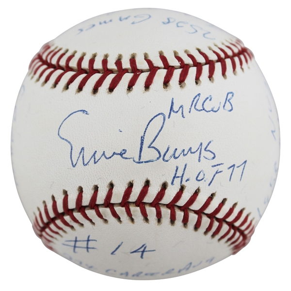 Ernie Banks Signed ONL Limited Edition Stat Ball with 15 Handwritten Career Stats (BAS)
