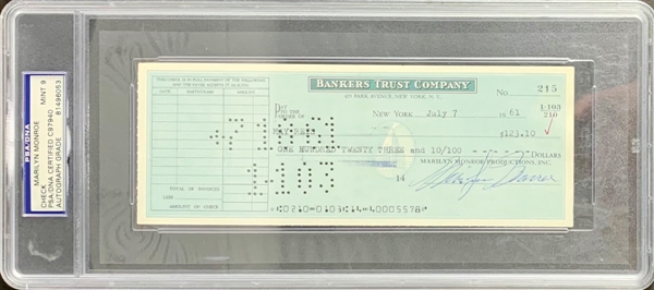 Marilyn Monroe Signed Business Bank Check with PSA MINT 9 Autograph (PSA/DNA Encapsulated)
