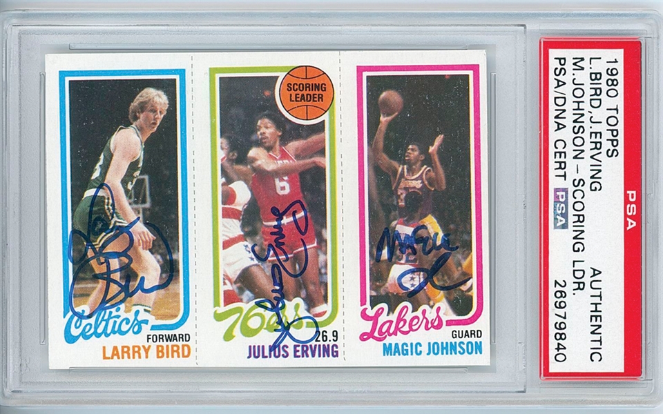 1980-81 Topps Magic Johnson, Larry Bird & Julius Erving Card - Signed by All 3 - Magic & Birds Rookie (PSA Authentication & Encapsulation) 