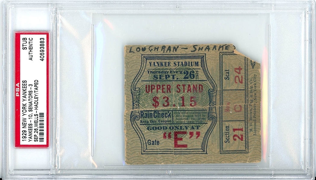 Yankees vs. Senators 1929 (Yankee Stadium) Ticket Stub (PSA Encapsulated)