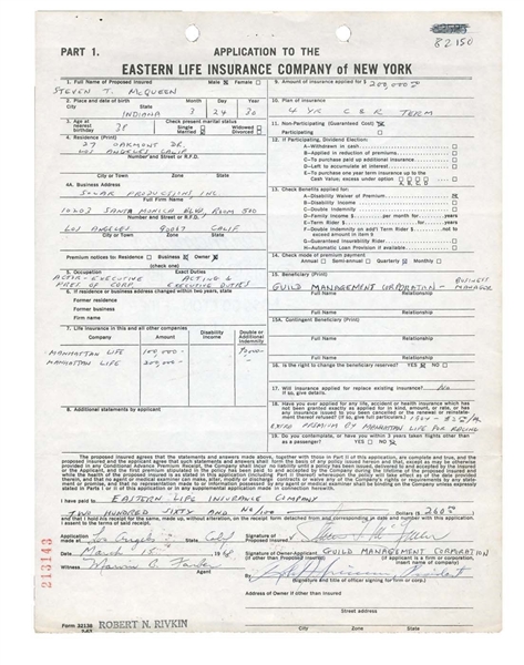 Steve McQueen Rare Signed 1968 Life Insurance Document (PSA/DNA)