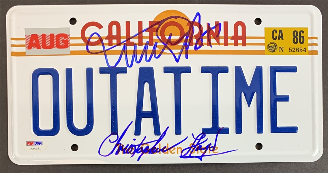 Back to the Future: Michael J. Fox & Christopher Lloyd Signed "Outatime" Replica License Plate (PSA/DNA LOA)