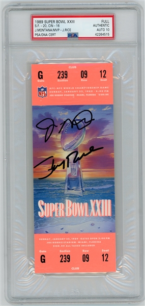 Joe Montana & Jerry Rice Autographed 1989 Super Bowl XXIII Authentic Ticket with PSA/DNA GEM MINT 10 Autographs!