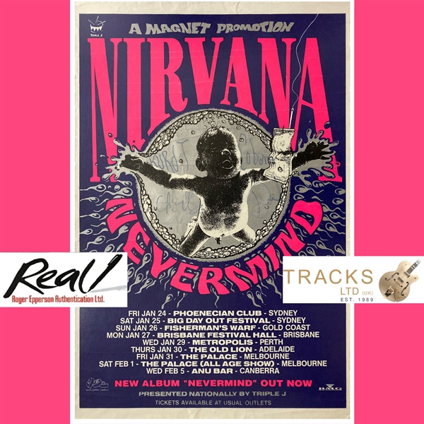 Nirvana RARE Group Signed 1992 "Nevermind" Australian Tour Poster with Full Name Kurt Cobain Autograph! (Ian Bell, Tracks UK & Epperson/REAL LOAs)