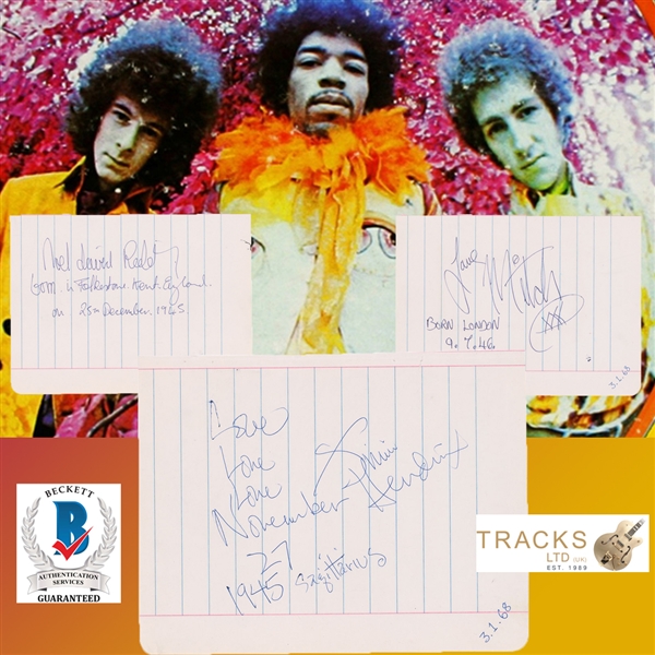 Jimi Hendrix Experience Set of Three Inidividual Signed 8.25" x 6.5" Sheets with One-of-A-Kind Inscriptions (Tracks UK LOA & Beckett/BAS Guaranteed)
