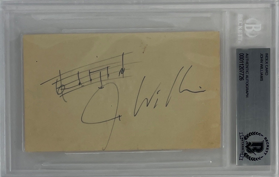 John Williams Signed Index Card with Musical Notations (BAS Encapsulated) (Steve Grad Autograph Collection) 