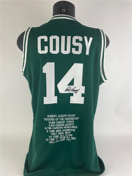 Celtics: HOF Bob Cousy Signed Celtics #14 Stat Jersey (Global Authentics) (Beckett/BAS Guaranteed)
