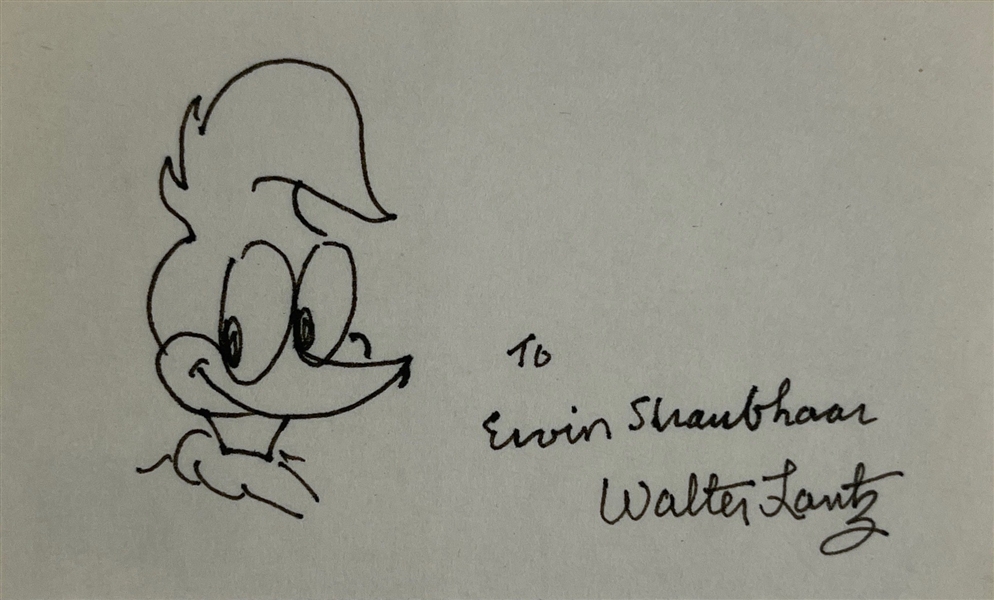 Walter Lantz Signed 3" x 5" Index Card w/ Hand Drawn Woody Woodpecker Sketch (Beckett/BAS)