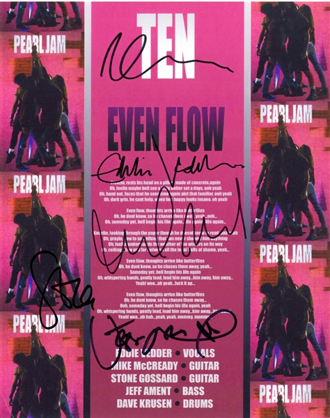 Pearl Jam Group Signed 1991 "Ten" Promotional 8" x 10" Color Photo with "Even Flow" Lyrics (5 Sigs)(Epperson/REAL LOA)