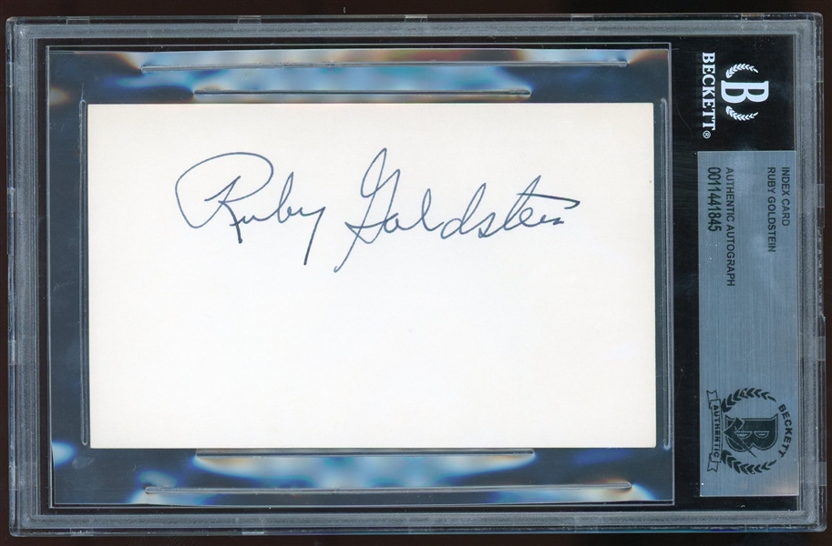 Ruby Goldstein Signed 3" x 5" Index Card (Beckett/BAS Encapsulated)