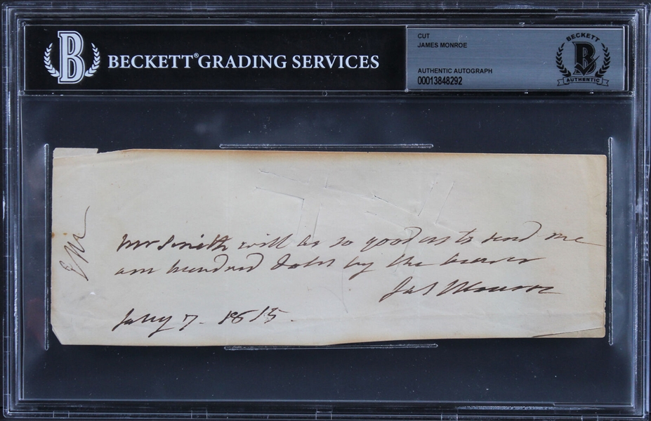 James Monroe RARE 1815 Handwritten & Signed Receipt (Beckett/BAS Encapsulated)