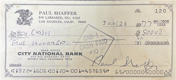 Late Night with David Letterman: Paul Shaffer Signed Bank Check, signed twice! (Third Party Guaranteed)