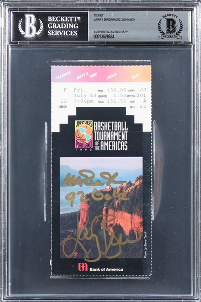 Magic Johnson & Larry Bird Rare Dual Signed 1992 Tournament of the Americas Ticket (Beckett/BAS Encapsulated)
