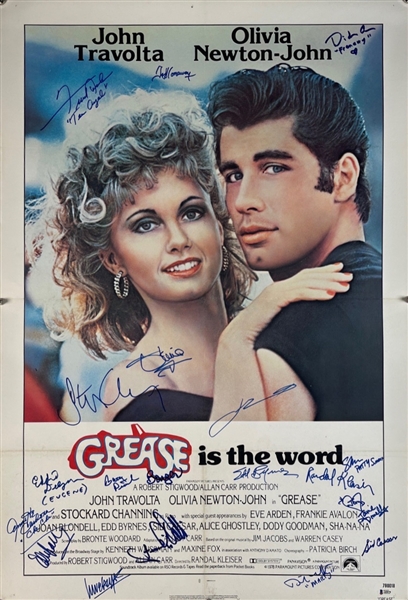 GREASE: VERY RARE Multi-Signed Original Full Size Movie Poster w/ Travolta, Newton-John, and more! (17/Sigs)(Beckett/BAS)