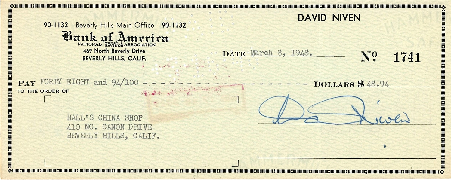 David Niven Signed Check (PSA Authentication)