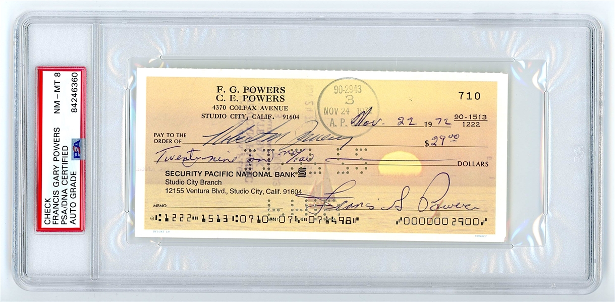 Francis Gary Powers Signed Check (PSA/DNA Encapsulated NM-MT 8)  