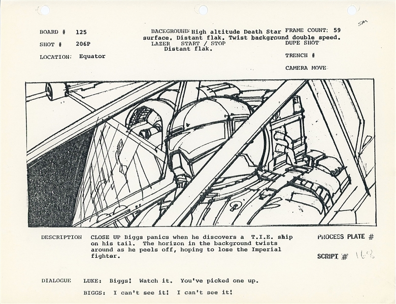Star Wars Production-Used Storyboard Script Page from “A New Hope” (Collection of Visual Effects Tech Jerry Greenwood) 