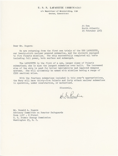 Hyman G. Rickover Typed Letter Signed (Third Party Guaranteed) 