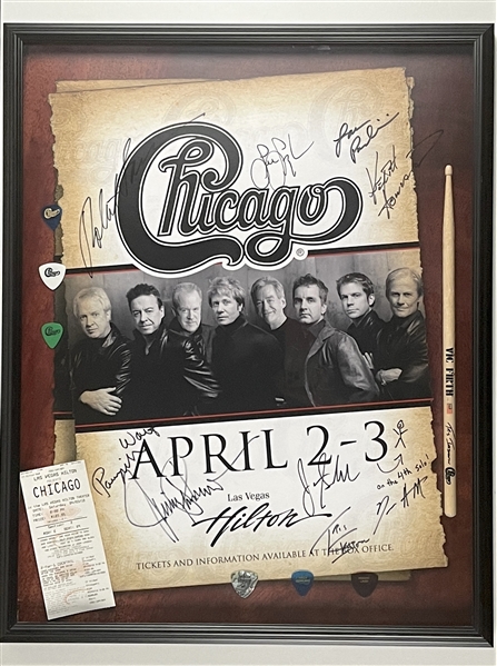 Chicago Group Signed Hilton Las Vegas, 22” x 28” Poster & Signed Drumstick Framed (9 Sigs) (Third Party Guaranteed) 